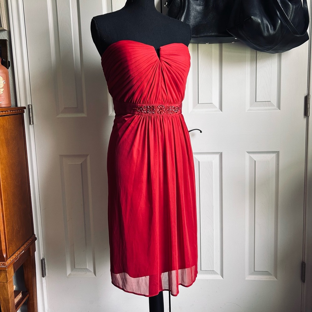Adrianna Papell red tulle strapless bead embroidered cocktail dress